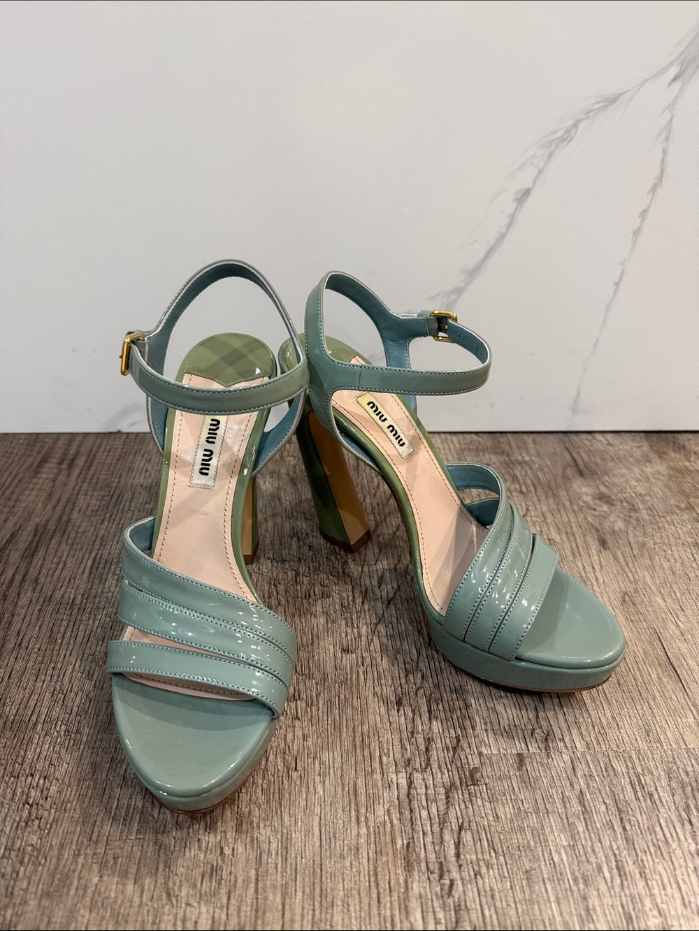 Miu Miu Pale Mint Patent Leather Strappy Block Heel Sandals